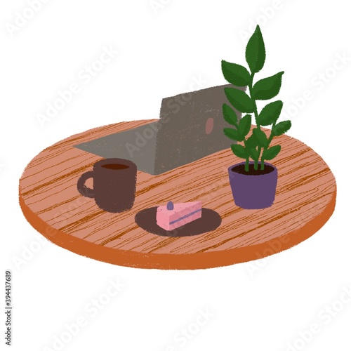 working home, at home on table, work with cup of coffee, freelancer, work place, self-isolation, cozy breakfast