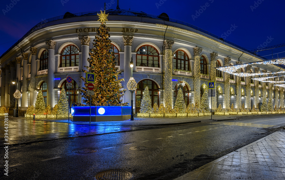 Night view of Old Merchant Court (Gostinyi dvor) in Moscow, Russia. Architecture and landmarks of Moscow. Moscow with Christmas decoration.