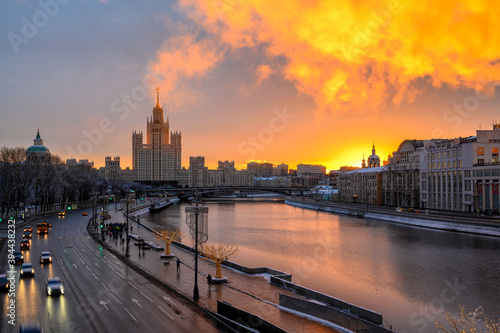 Kotelnicheskaya Embankment Building and Moscow river in Moscow  Russia. Architecture and landmark of Moscow. Sunrise cityscape of Moscow