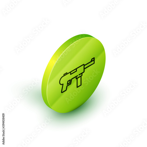 Isometric line Submachine gun M3, Grease gun icon isolated on white background. Green circle button. Vector.