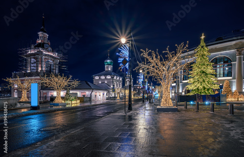 Night view of Varvarka street in Moscow, Russia. Architecture and landmarks of Moscow. Moscow with Christmas decoration. © Ekaterina Belova