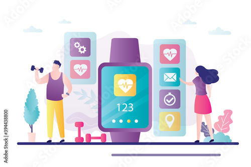 Male character trains with fitness tracker. Woman checks mail on smart watch. Concept of healthy lifestyle, new technology
