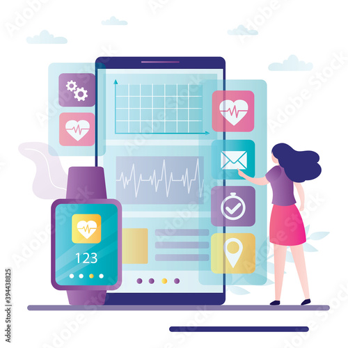 Female character checks messages on smartwatch. Fitness bracelet synchronize with mobile phone. Checking heart rate, temperature and others
