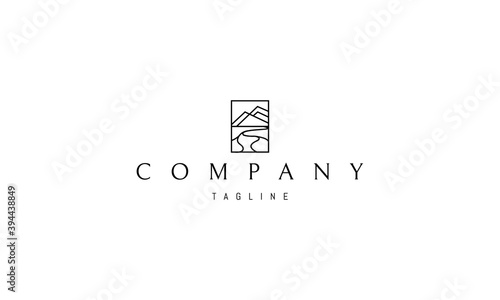 Vector logo on which an abstract image of a mountain landscape with hills.