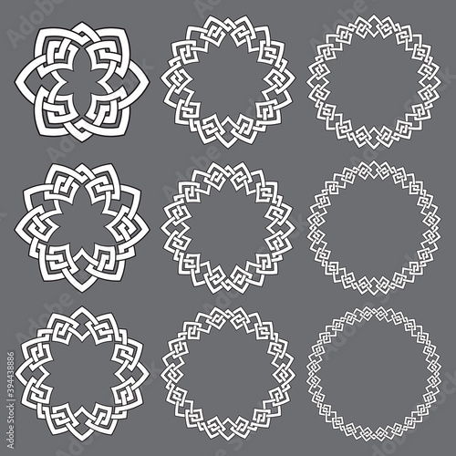 Set of round frames. Nine decorative elements for logo design with stripes braiding borders. White lines with black strokes on gray background.