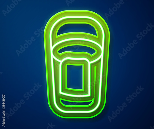 Glowing neon line Bucket with rag icon isolated on blue background. Cleaning service concept. Vector.
