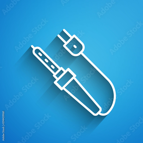 White line Soldering iron icon isolated on blue background. Long shadow. Vector.
