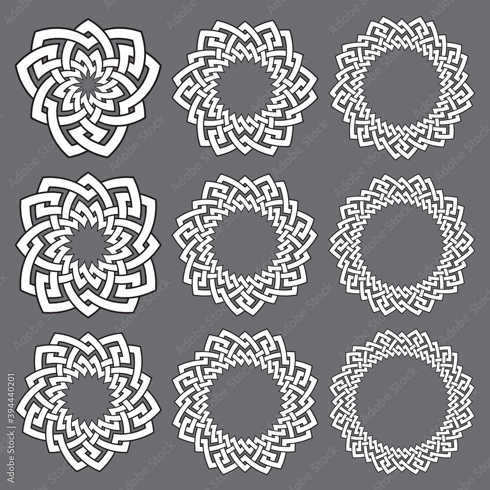 Set of round frames. Nine decorative elements for logo design with stripes braiding borders. White lines with black strokes on gray background.