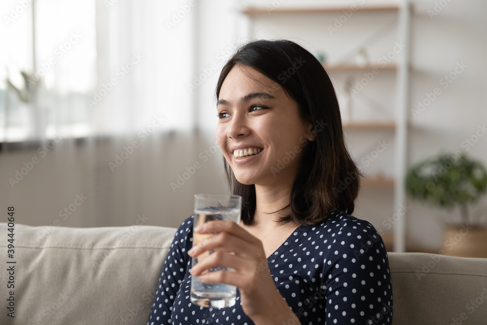 Close up dreamy smiling Asian young woman with perfect smooth skin holding glass of fresh water, sitting on cozy couch, looking to aside, healthy lifestyle and good daily habit concept Close up dreamy smiling Asian young woman with perfect smooth skin holding glass of fresh water, sitting on cozy couch, looking to aside, healthy lifestyle and good daily habit concept