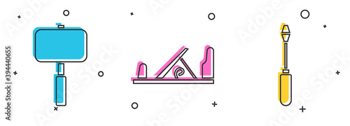 Set Sledgehammer, Wood plane tool and Screwdriver icon. Vector.