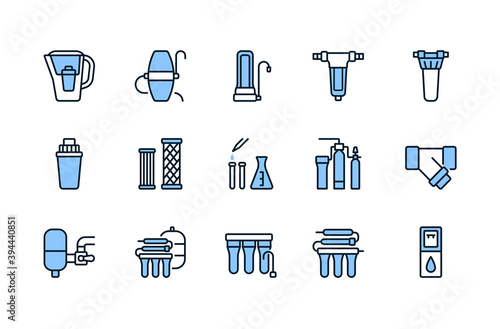 Water filter flat line icon blue color. Vector illustration of different types of water filtration equipment included undersink, pitcher container, reverse osmosis, fine filter. Editable strokes.