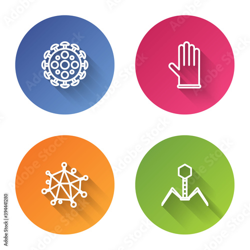 Set line Virus, Medical rubber gloves, and Bacteria bacteriophage. Color circle button. Vector.