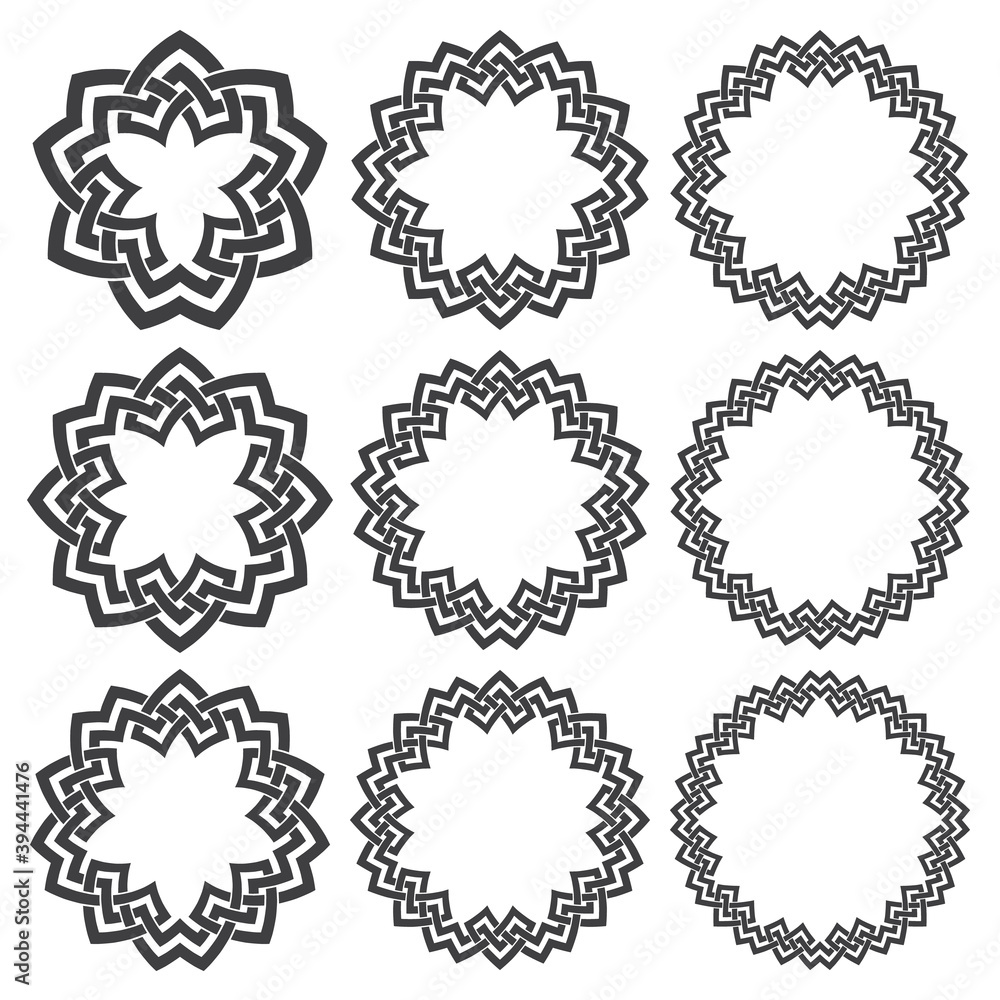 Set of round frames. Nine decorative elements for logo design with stripes braiding borders. Black lines on white background. Set of round frames. Nine decorative elements for logo design with stripes braiding borders. Black lines on white background.