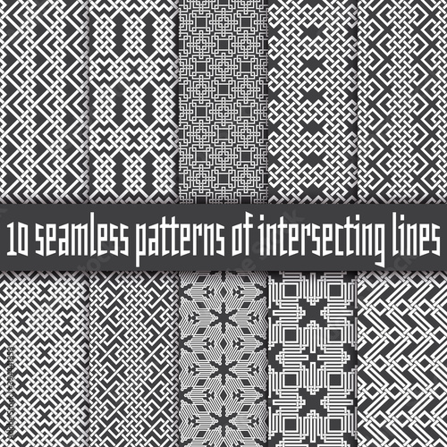 Vector set of abstract seamless patterns. Ten swatches of white lines on black backgrounds.