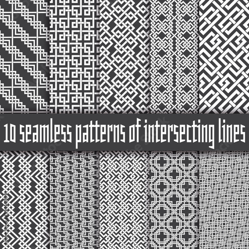 Vector set of abstract seamless patterns. Ten swatches of white lines on black backgrounds.
