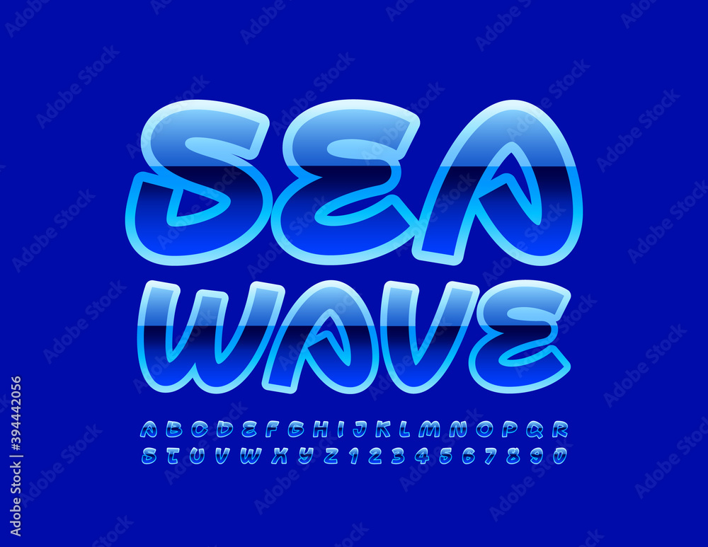 Vector blue logo Sea Wave. Handwritten Glossy Font. Creative Alphabet Letters and Numbers set