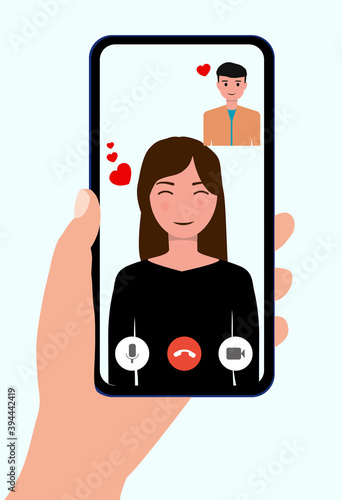 Video call concept. Lovers are having video calls using the smartphone. Love during quarantine. Human hand hold device with people on screen. People and gadgets. Love on distance. Vector illustration