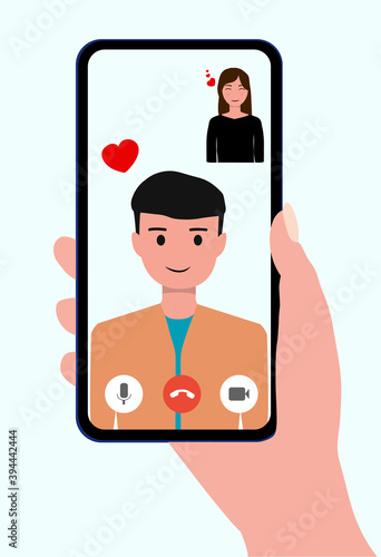 Video call concept. Lovers are having video calls using the smartphone. Love during quarantine. Human hand hold device with people on screen. People and gadgets. Love on distance. Vector illustration