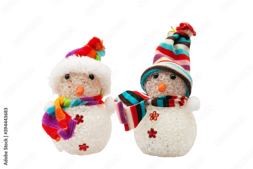 Christmas toys for the Christmas tree and new year, two snowmen isolated on the white background.