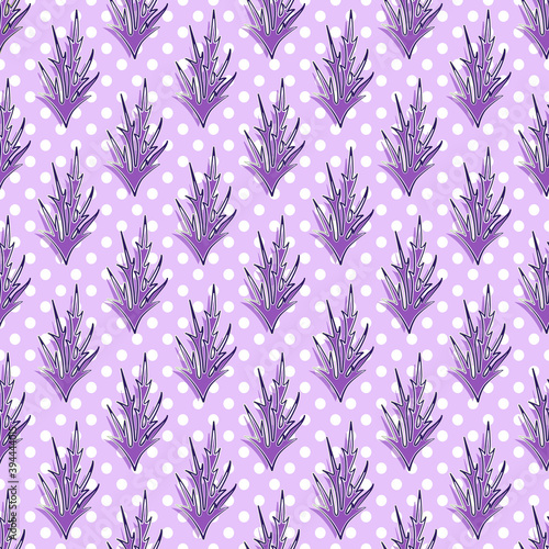 Abstract seamless pattern of funny amethyst sharp twigs, white and blue strokes of different widths. Bright lilac background with white polka dots
