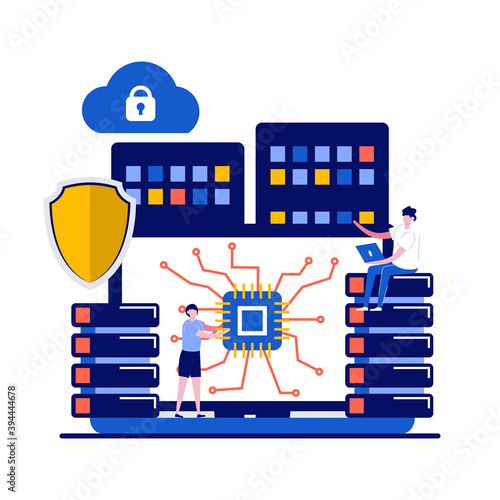 Database concept with character. Internet of things, data server storage. Wireless technologies, telecommunication. Modern flat illustration for landing page, web banner, infographics, hero images