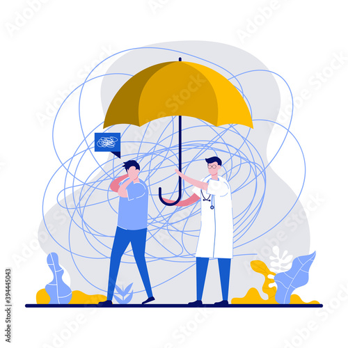 Social psychiatry, psychological therapy concept with characters. Unraveling difficult situations. Doctor therapist supporting, protecting patient mental health using umbrella