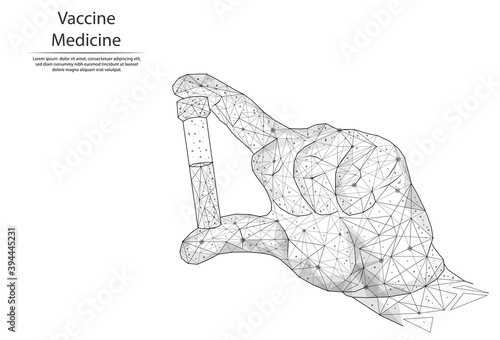 Abstract image vaccine in an ampoule in the form of lines and dots, consisting of triangles and geometric shapes. 3D Low poly vector background. Ampoule in a hand