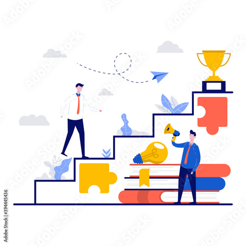 Business coaching and training concept with character. Businessman walking up the stairs to the target. Goal achievement, success, progress, career ladder metaphor