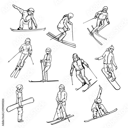 Snowboarders and skiers.Vector  illustration.