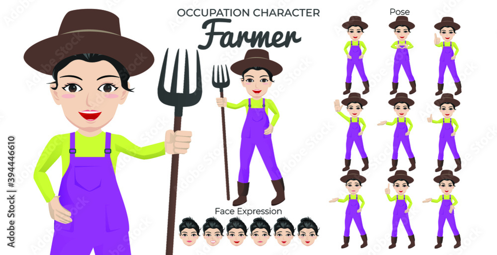 Obraz premium Female Farmer Character Set with Variety of Pose and Face Expression