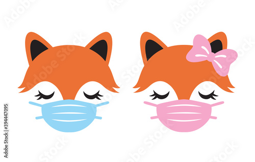 Cute boy and girl fox with face mask vector illustration.