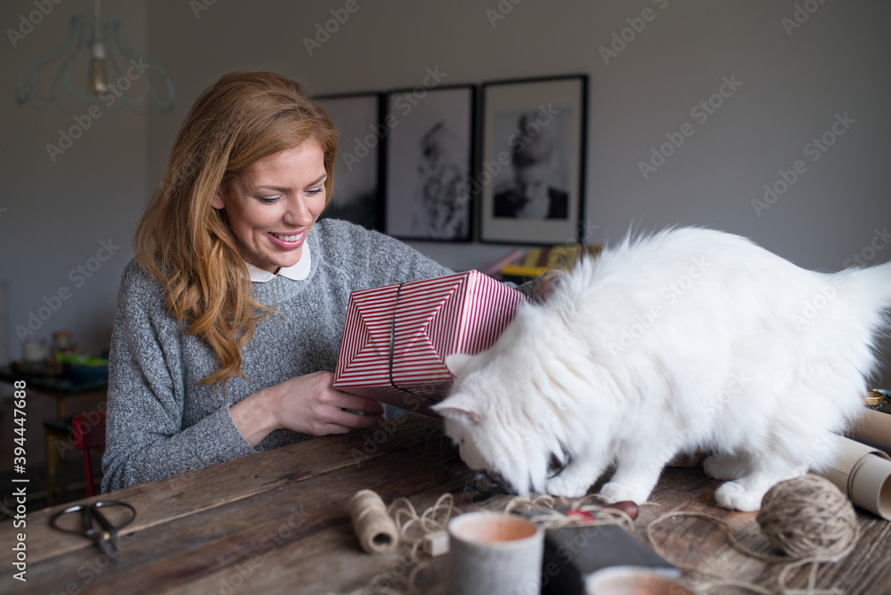 Woman packing present with cat on table, Sweden Woman packing present with cat on table, Sweden