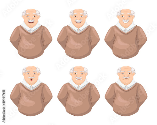Elderly grandfather face emotion set, elderly man face expression.