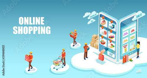 Vector of a woman shopping and paying online using smart phone apps