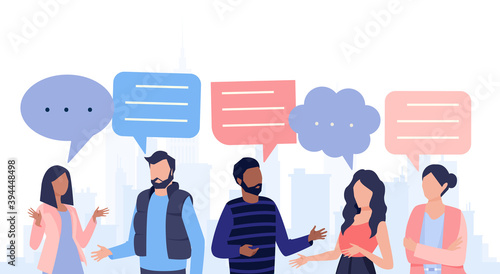 Vector of a group of people talking with speech bubbles above heads