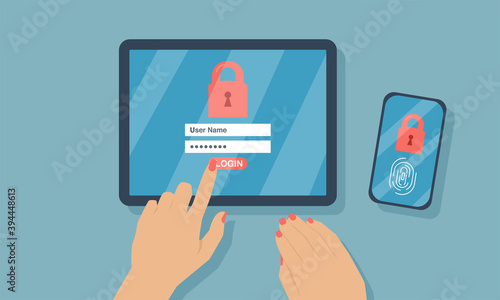 Vector of a woman login into her digital tablet and smartphone with two factor authentication security process