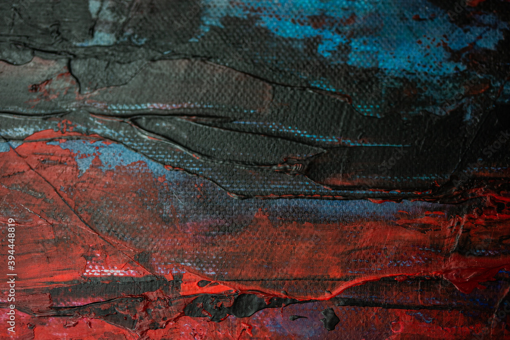 Naklejka premium white, black, blue and red acrylic paint on a dusty old metal fence-textured abstract multi-color background-close-up