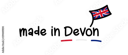 Made in Devon vector. Handwritten style, with scribbled cartoon UK flag.	
