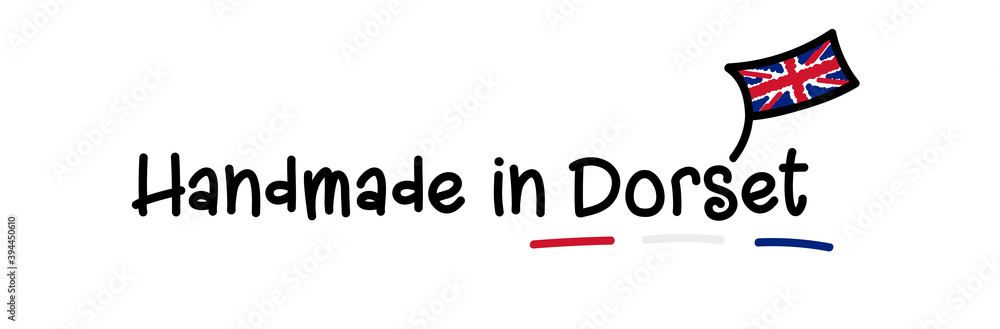 Handmade in Dorset vector. Handwritten style, with scribbled cartoon UK flag.
Handmade in Dorset vector. Handwritten style, with scribbled cartoon UK flag.