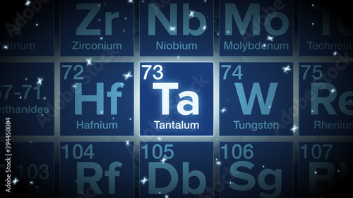 Close up of the Tantalum symbol in the periodic table, tech space environment.