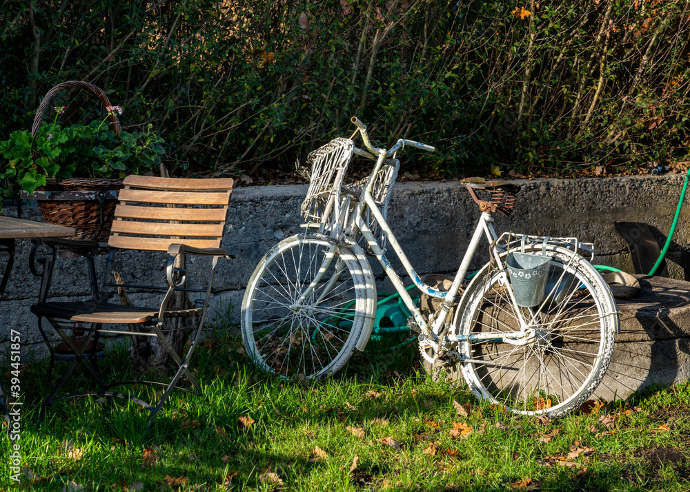 weisses Fahrrad im Garten