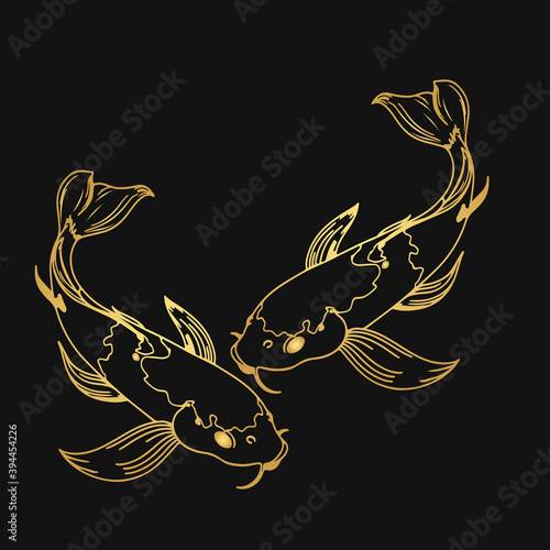 Set of Koi carp japanese symbol of luck fortune prosperity red and black dotted koi carp cartoon flat vector illustration isolated on black background