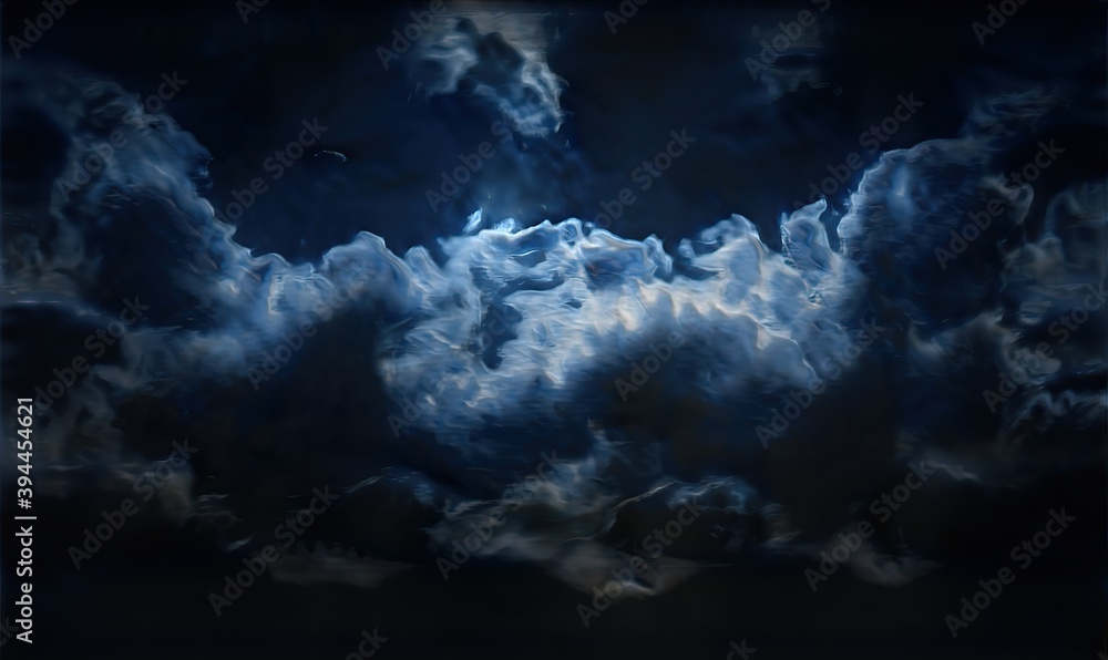 Illustration of night sky and moon with dark stormy clouds