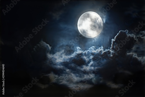 Illustration of night sky and moon with dark stormy clouds