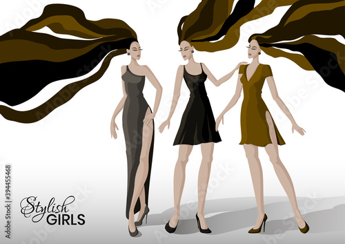 Hand drawn fashion models. Stylish girls with long hair. Vector illustration