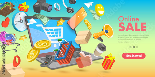 3D Isometric Flat Vector Conceptual Illustration of Finding Online Shopping Bargains, Fast Delivery Service, Digital Advertising Campaign.