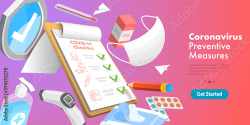 3D Vector Conceptual Illustration of Coronavirus Prevention Measures, Wear Medical Mask, Wash Hands, Check Temperature, Use Hand Sanitizer