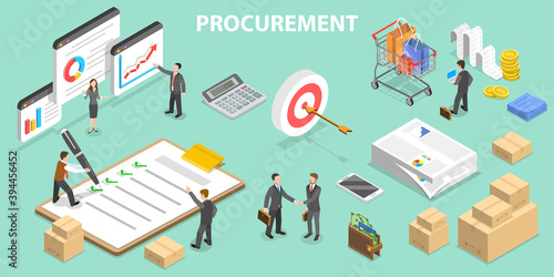 3D Isometric Flat Vector Conceptual Illustration of Procurement, Process of Finding and Agreeing to Terms, and Acquiring Goods, Services, or Works. photo
