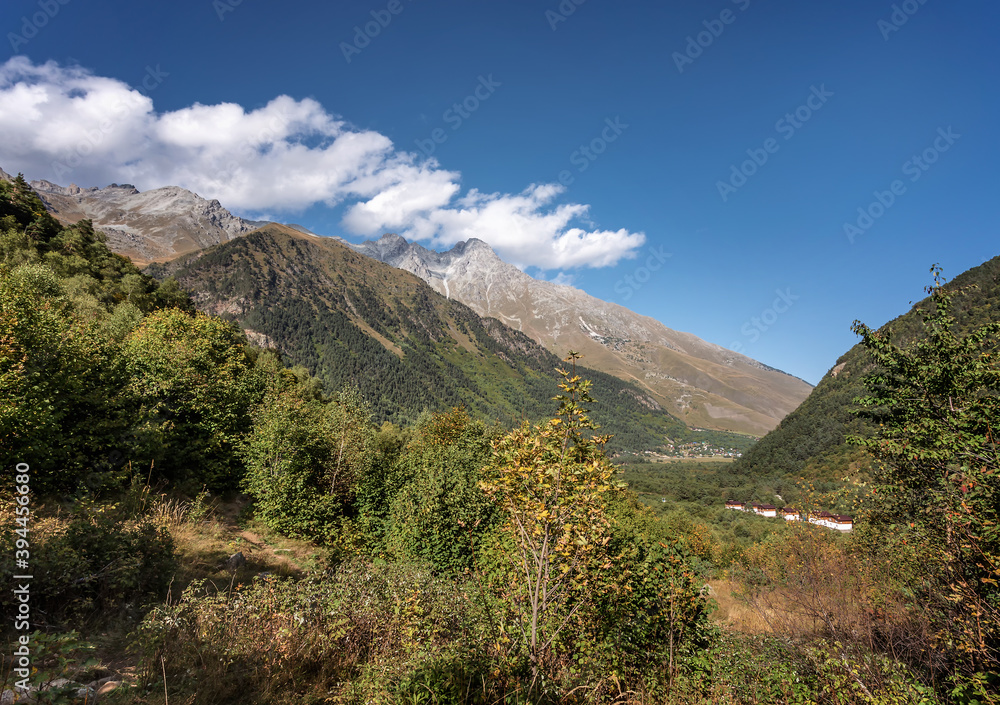 Mountain landscape with forest on autumn sunny day