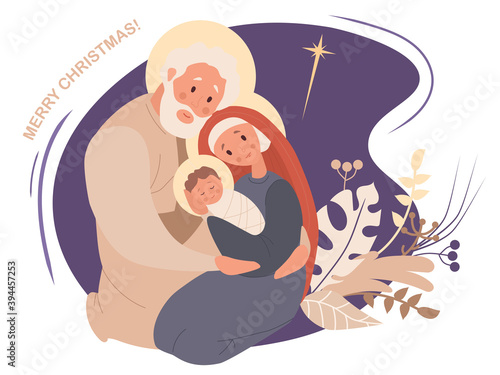 Merry Christmas. Virgin Mary and Joseph and baby Jesus Christ. The birth of the Savior, Holy Family and the star of Bethlehem on a purple background with tropical decor. Vector illustration